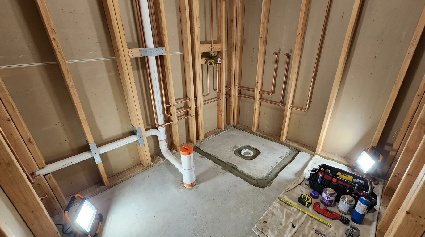Bathroom rough-in plumbing during remodel by Johns Plumbing LLC in Hardinsburg