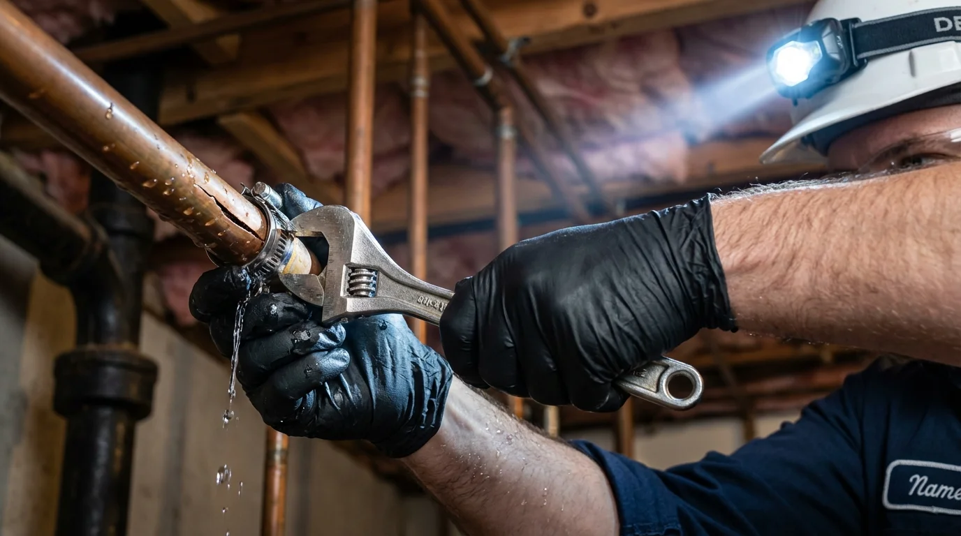 Emergency pipe clamp repair being performed by a Johns Plumbing LLC plumber in Hardinsburg