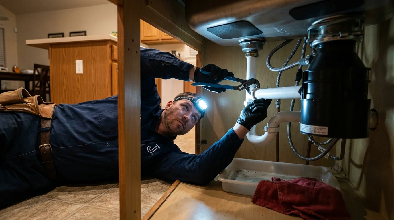 P-trap and supply line connections under a kitchen sink showing a common leak point in Hardinsburg, KY